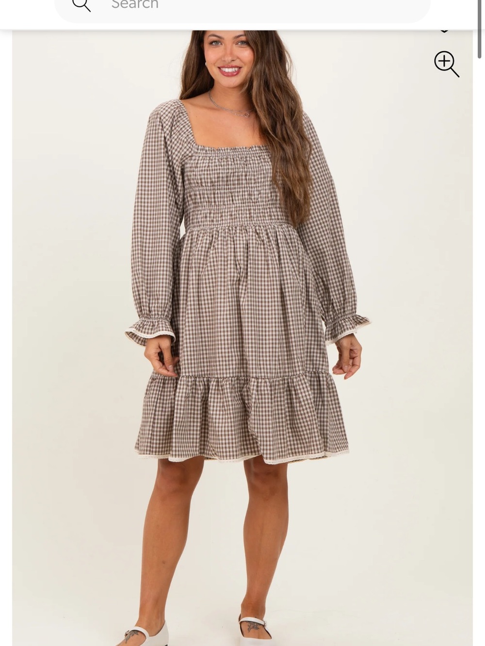 Pinkblush Taupe Gingham Smocked Square Neck Long Sleeve Dress